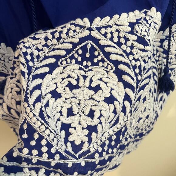 Chaus New York Womens L Blue Long Sleeve Embroidered Tunic Lagenlook Blouse Boho - Picture 4 of 9